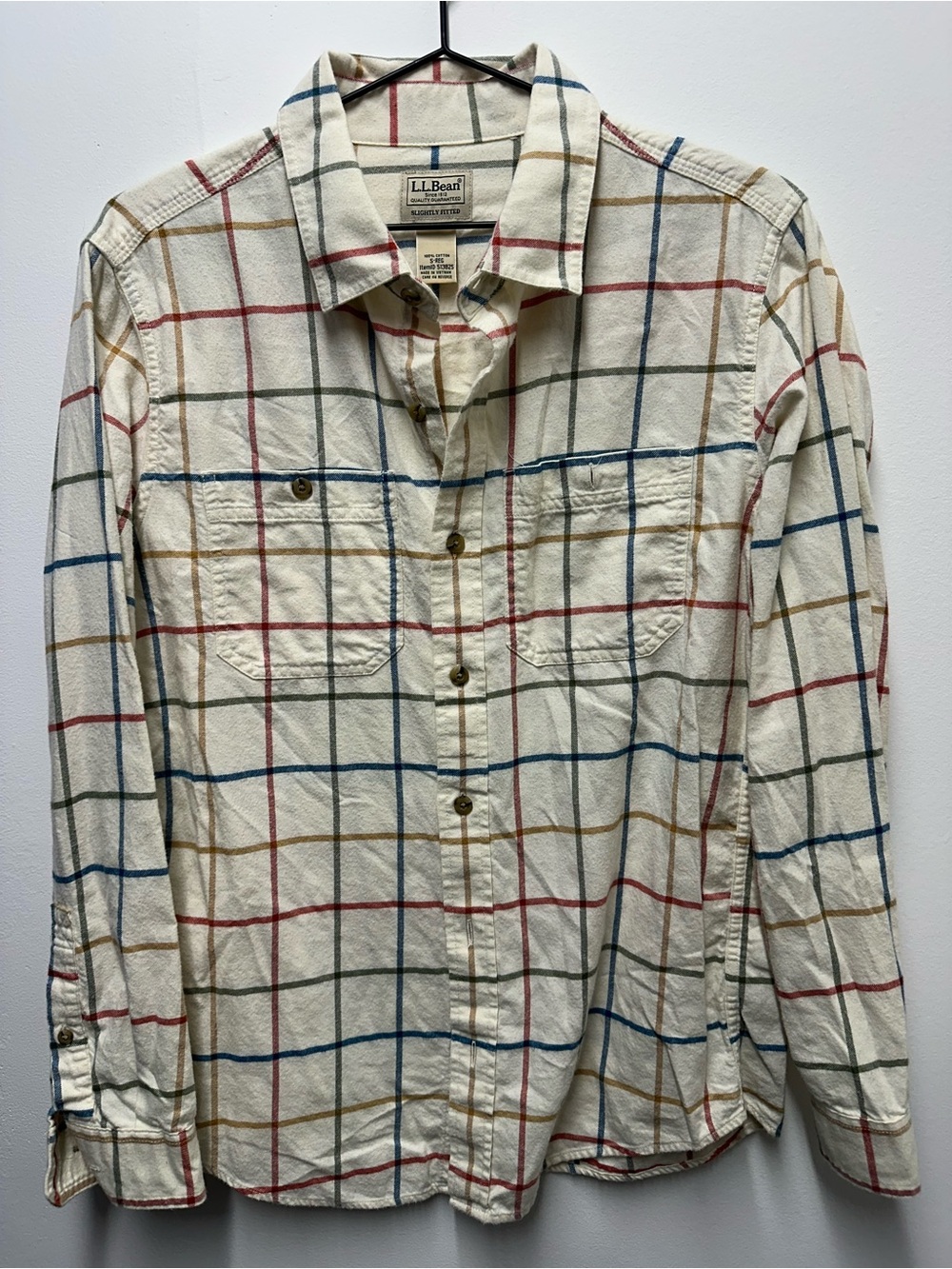 L.L. Bean Ivory Plaid Button-Down Shirt with Red, Blue, Green, Tan Stripes